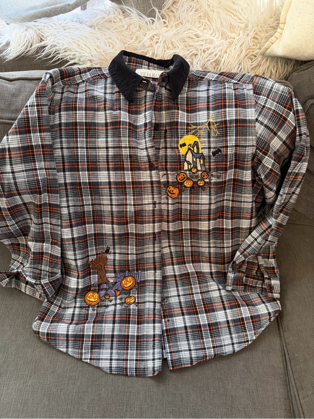 Vintage Plaid Halloween Embroidered Button-Up Shirt - Gray/Orange size XL